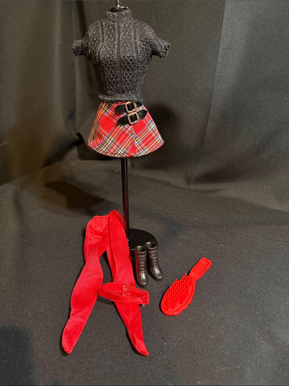Vintage School Spirit Barbie Red Plaid Skirt Black Top 90s Accessories
